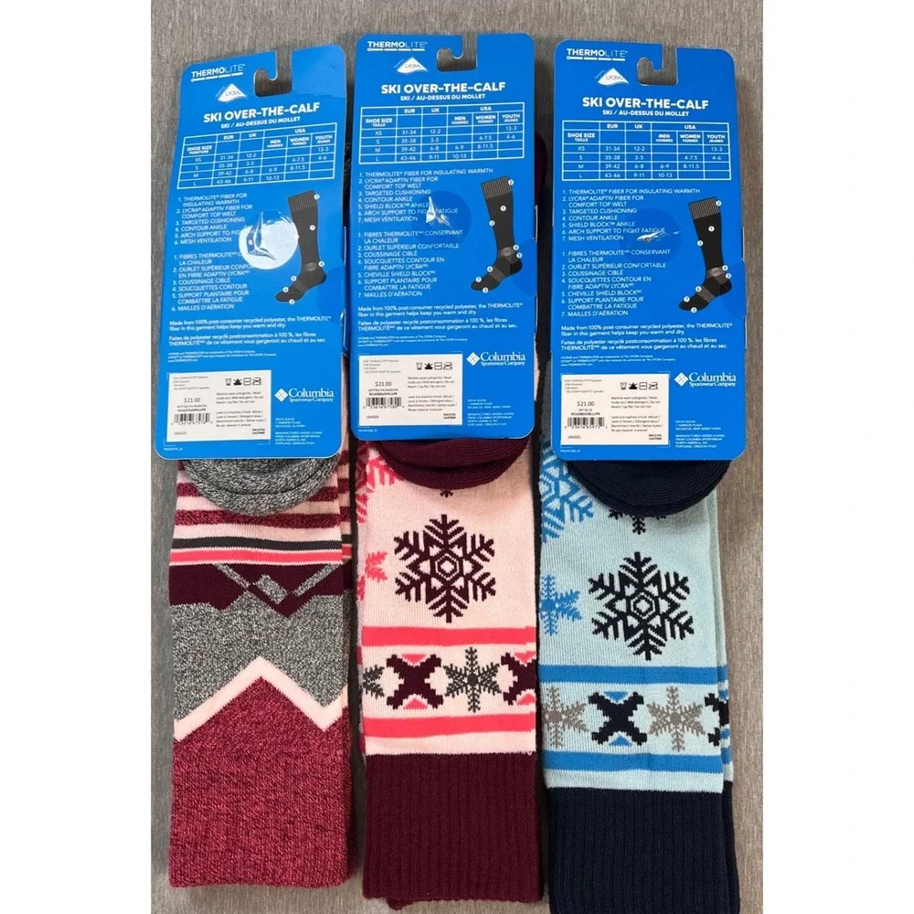 3 Pair‎ Columbia Womens Mens Medium Weight Thermolite over calf Ski Socks MED